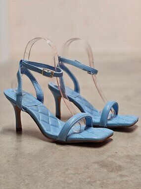 Quilted Sky Blue Heeled Sandals With Adjustable Strap & Square Toe Design For Wo